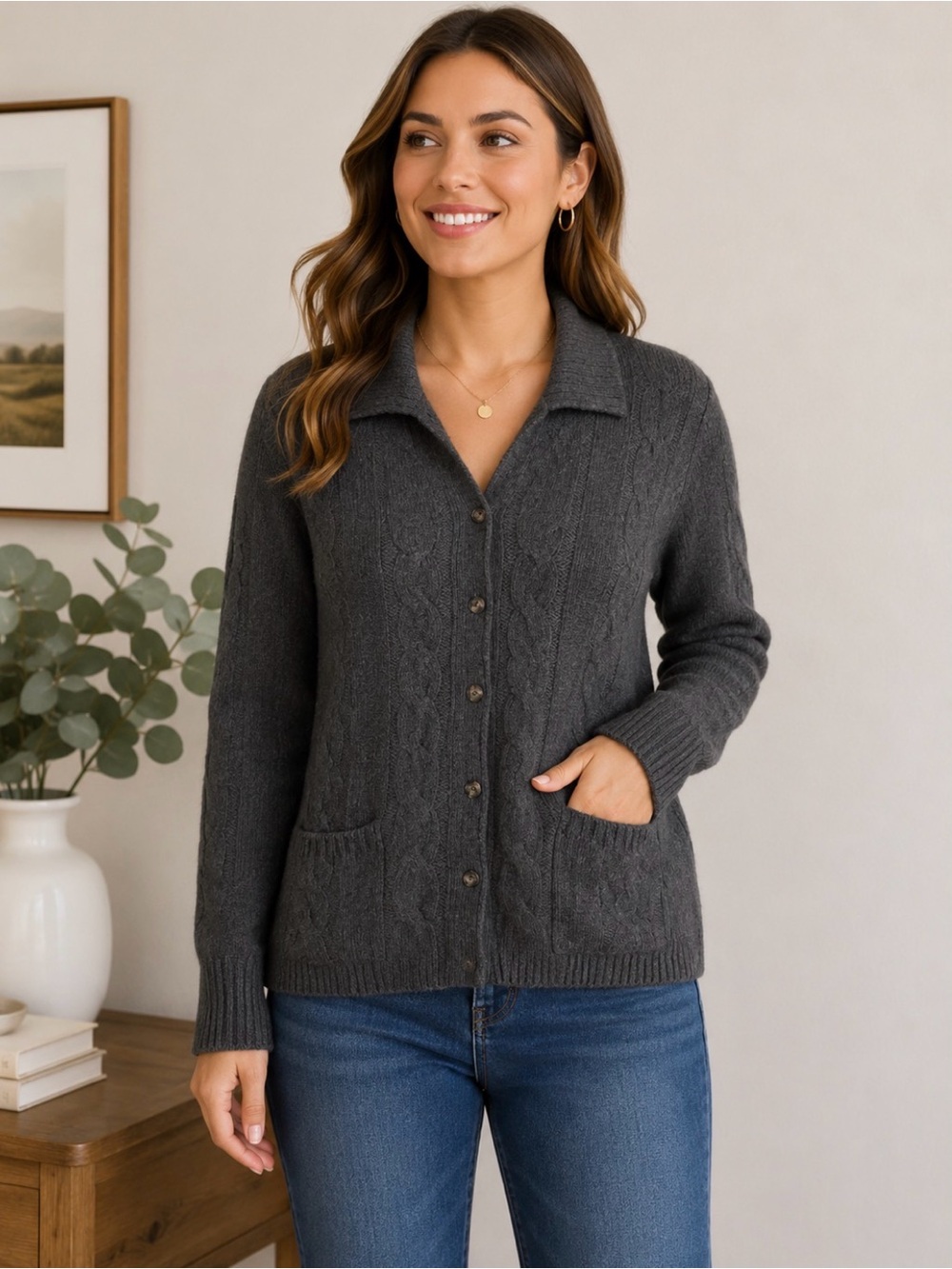 Bergdorf Goodman 100% Cashmere Cable Knit Cardigan Sweater Gray Small